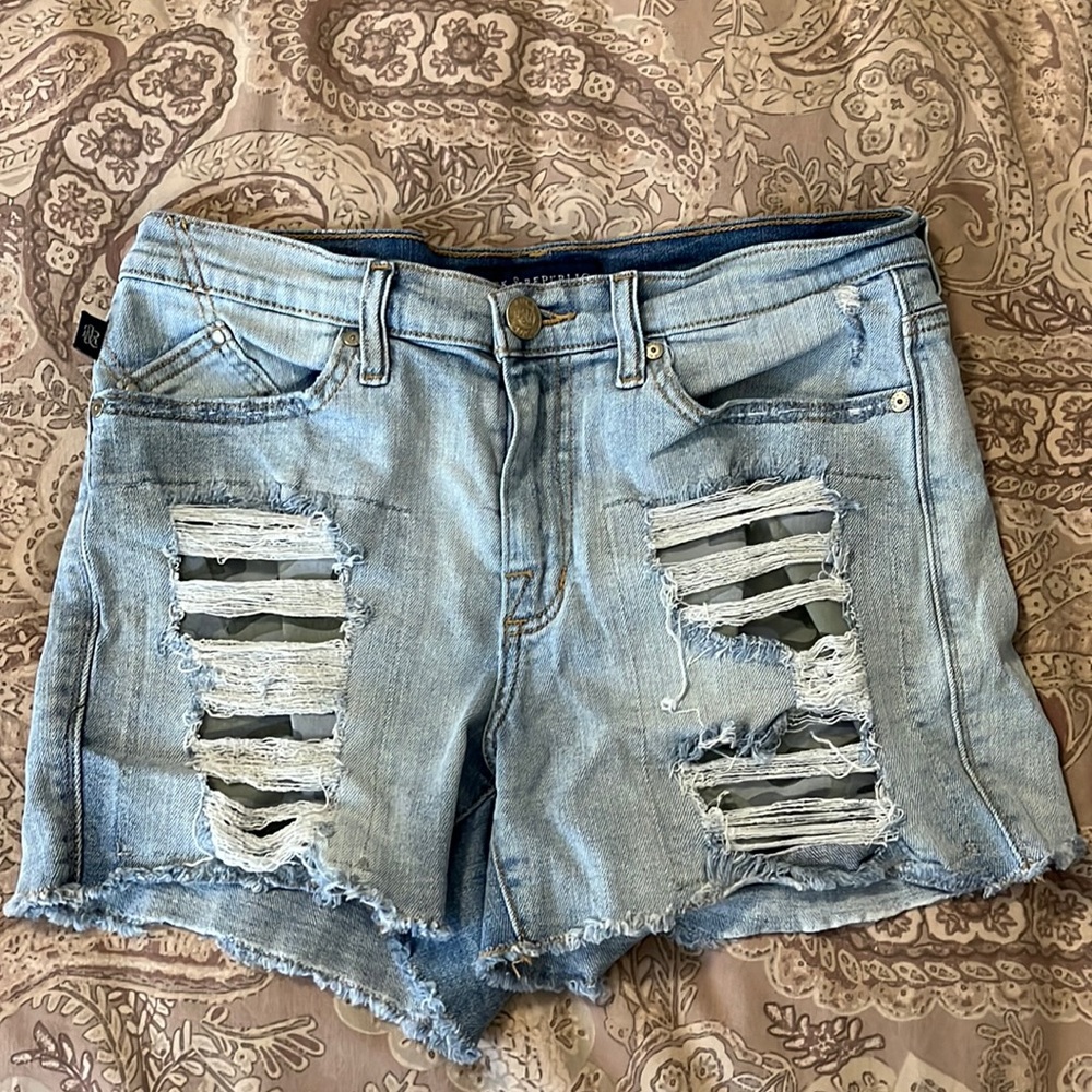 Camo Distressed Denim Shorts